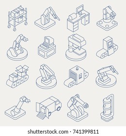 Vector automated production line isometric thin line icon set. Manufacturing equipment with conveyor system, industrial robotic arm for assembly and packaging.