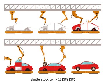 Vector automatic car assembly line with robotic arms concept. Industrial machinery factory producing vehicles with manipulators, welding robots. Isolated illustration