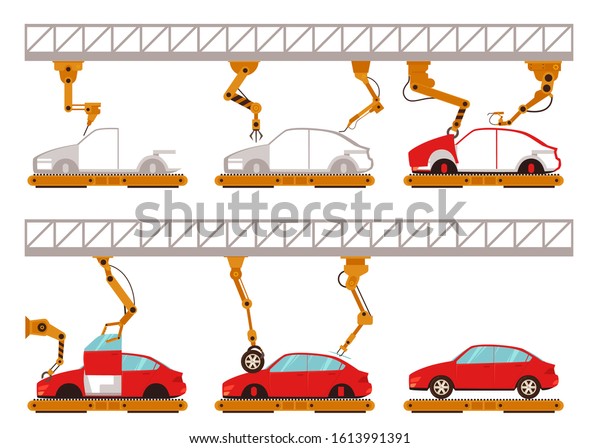 Vector automatic car\
assembly line with robotic arms concept. Industrial machinery\
factory producing vehicles with manipulators, welding robots.\
Isolated illustration