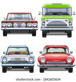 Old car and other vehicle models, classic, oldtimer, extravagant, special  purposes vehicles. Collection of signs presenting different modes of  transport on land. Transportation icons. Stock Vector