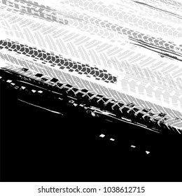 Vector automotive backdrop template. Grunge tire tracks backgrounds for landscape poster, digital banner, flyer, booklet, brochure and web design. Editable graphic image in black and white colors