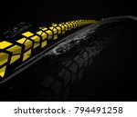 Vector automotive banner template. Grunge tire tracks background for landscape poster, digital banner, flyer, booklet, brochure and web design. Editable graphic image in black and yellow colors