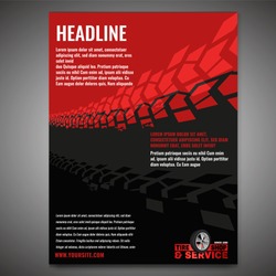 Vector Automotive Banner Template. Grunge Tire Tracks Background For Landscape Poster, Digital Banner, Flyer, Booklet, Brochure And Web Design. Editable Graphic Image In Grey And Red Colors