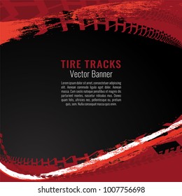 Vector automotive banner template. Grunge tire tracks backgrounds for landscape poster, digital banner, flyer, booklet, brochure and web design. Editable graphic image in black, red and white colors