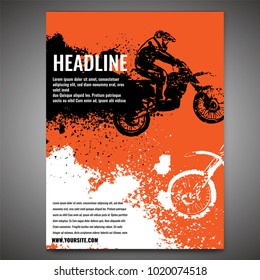 Vector automotive banner template. Grunge tire tracks backgrounds for landscape poster, digital banner, flyer, booklet, brochure and web design. Editable image in orange, black and white colors