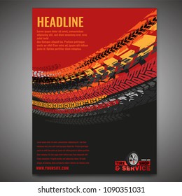 Vector automotive banner template. Grunge tire tracks background for landscape poster, digital banner, flyer, booklet, brochure and web design. Editable graphic image in grey and red colors
