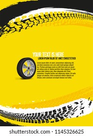 Vector automotive banner template. Grunge tire tracks backgrounds for poster, digital banner, flyer, booklet, brochure and web design. Editable graphic image in yellow, black and white colors