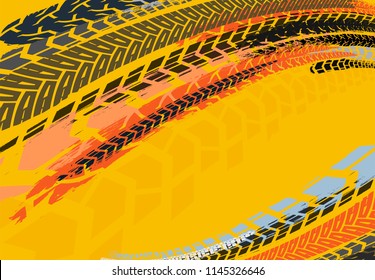 Vector automotive banner template. Grunge tire tracks backgrounds for landscape poster, digital banner, flyer, booklet, brochure and web design. Editable graphic image in bright colors