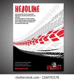 Vector automotive banner template. Grunge tire tracks background for portrait poster, digital banner, flyer, booklet, brochure and web design. Editable graphic image in black, white, grey, red colors