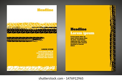 Vector automotive banner template. Grunge tire tracks background for vertical poster, digital banner, flyer, booklet, brochure, web design. Editable graphic image in black, white, yellow colors