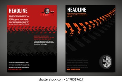 Vector automotive banner template. Grunge tire tracks background for vertical poster, digital banner, flyer, booklet, brochure, web design. Editable graphic image in black, red, grey, orange colors