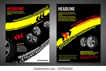 Vector automotive banner template. Grunge tire tracks background for vertical poster, digital banner, flyer, booklet, brochure, web design. Editable graphic image in black, white, yellow colors