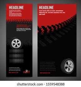 Vector automotive banner template. Grunge tire tracks background for vertical poster, digital banner, flyer, booklet, brochure, web design. Editable graphic image in black, red, grey colors