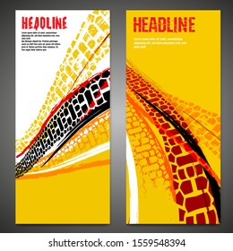 Vector automotive banner template. Grunge tire tracks background for vertical poster, digital banner, flyer, booklet, brochure, web design. Editable graphic image in black, red, yellow, orange colors