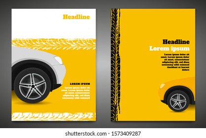 Vector automotive banner template. Grunge tire tracks background for vertical poster, digital banner, flyer, booklet, brochure, web design. Editable graphic image in black, white, yellow colors