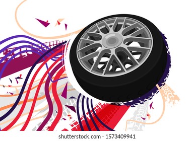 Vector automotive banner template. Grunge tire tracks background for landscape poster, digital banner, flyer, booklet, brochure and web design. Editable graphic image in violet, red, grey colors