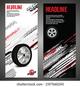 Vector automotive banner template. Grunge tire tracks background 