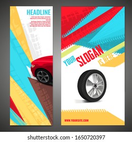 Vector automotive banner template. Grunge tire tracks background for vertical poster, digital banner, flyer, booklet, brochure, web design. Editable graphic image in red, yellow, blue colors