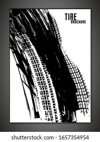 Vector automotive banner template. Grunge tire tracks background for vertical poster, digital banner, flyer, booklet, brochure, web design. Editable graphic image in black, white colors