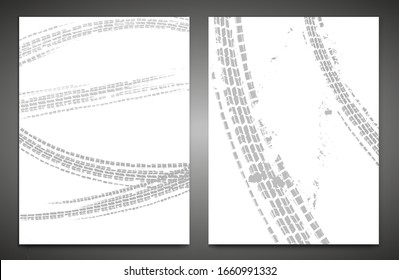 Vector automotive banner template. Grunge tire tracks background for vertical poster, digital banner, flyer, booklet, brochure, web design. Editable graphic image in grey, white colors