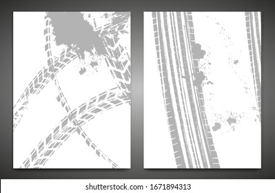 Vector automotive banner template. Grunge tire tracks background for vertical poster, digital banner, flyer, booklet, brochure, web design. Editable graphic image in grey, white colors