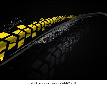Vector automotive banner template. Grunge tire tracks background for landscape poster, digital banner, flyer, booklet, brochure and web design. Editable graphic image in black and yellow colors