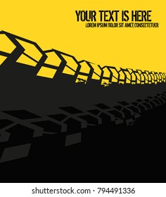 Vector automotive banner template. Grunge tire tracks background for landscape poster, digital banner, flyer, booklet, brochure and web design. Editable graphic image in grey and yellow colors