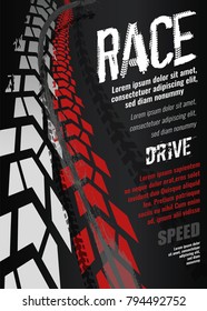 Vector automotive banner template. Grunge tire tracks backgrounds for landscape poster, digital banner, flyer, booklet, brochure and web design. Editable graphic image in grey and white colors