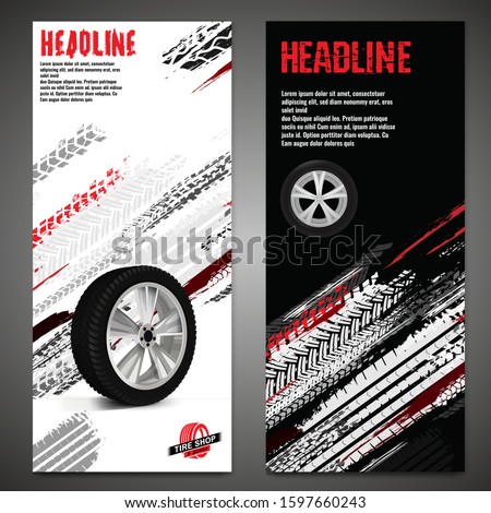 Vector automotive banner template. Grunge tire tracks background 