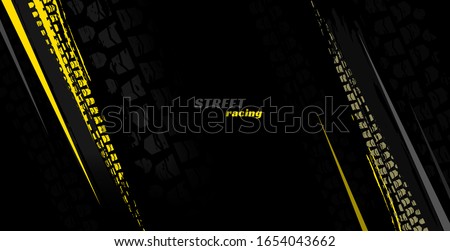 Vector automotive banner template. Grunge tire tracks backgrounds for landscape poster, digital banner, flyer, booklet, brochure and web design. Editable graphic image in black, yellow, grey colors