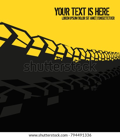 Vector automotive banner template. Grunge tire tracks background for landscape poster, digital banner, flyer, booklet, brochure and web design. Editable graphic image in grey and yellow colors