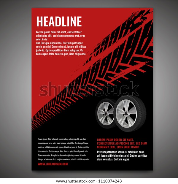 Vector automotive banner template. Grunge tire\
tracks background for vertical poster, digital banner, flyer,\
booklet cover, brochure and web design. Editable graphic image in\
black and red colors
