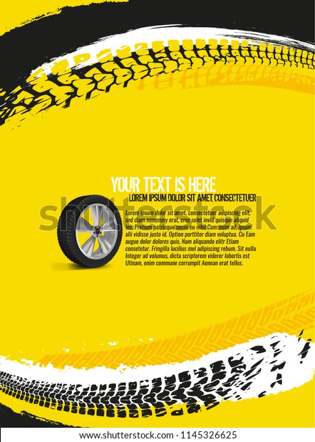 Vector automotive banner template. Grunge tire\
tracks backgrounds for poster, digital banner, flyer, booklet,\
brochure and web design. Editable graphic image in yellow, black\
and white colors