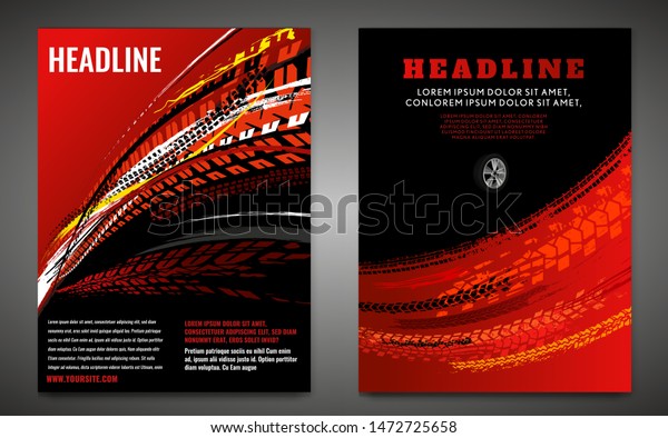 Vector automotive banner template. Grunge tire\
tracks background for vertical poster, digital banner, flyer,\
booklet, brochure and web design. Editable graphic image in black,\
red, yellow colors