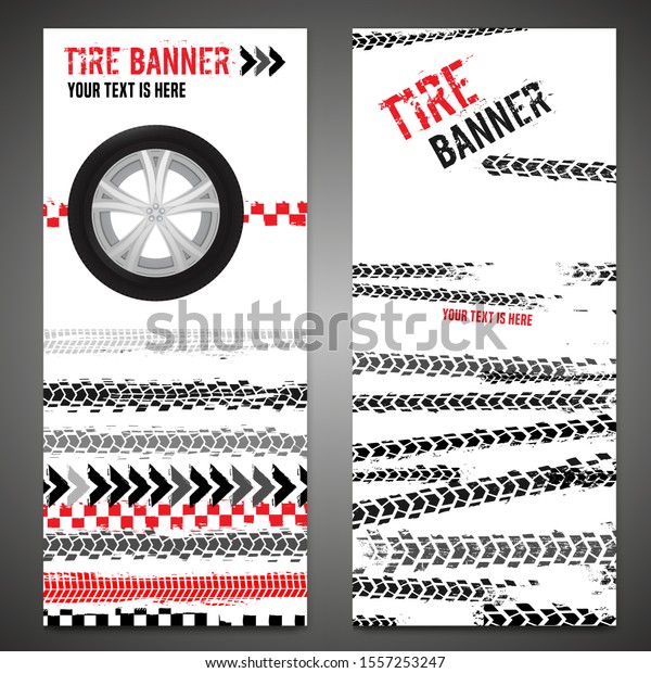 Vector automotive banner template. Grunge tire\
tracks background for vertical poster, digital banner, flyer,\
booklet, brochure, web design. Editable graphic image in black,\
red, grey colors