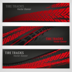 Vector Automotive Banners Template. Grunge Tire Tracks Backgrounds For Landscape Poster, Digital Banner, Flyer, Booklet, Brochure And Web Design. Editable Graphic Image In Grey And Red Colors