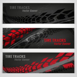 Vector Automotive Banners Template. Grunge Tire Tracks Backgrounds For Landscape Poster, Digital Banner, Flyer, Booklet, Brochure And Web Design. Editable Graphic Image In Grey And White Colors
