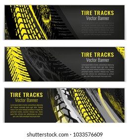 Vector automotive banners template. Grunge tire tracks backgrounds for landscape poster, digital banner, flyer, brochure and web design. Editable graphic image in grey, yellow and white colors