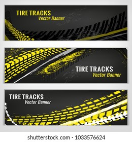 Vector automotive banners template. Grunge tire tracks backgrounds for landscape poster, digital banner, flyer, brochure and web design. Editable graphic image in grey, yellow and white colors