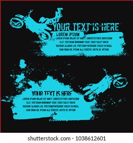 Vector automotive banners template. Grunge dirt splash backgrounds with hand drawn motorcycle for poster, digital banner, flyer, leaflet and web design. Editable graphic image in black and blue colors