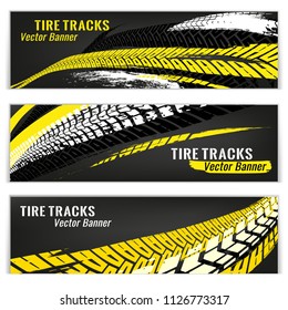 Vector automotive banners template. Grunge tire tracks backgrounds for landscape poster, digital banner, flyer, brochure and web design. Editable graphic image in grey, yellow and white colors