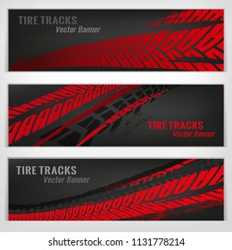 Vector automotive banners template. Grunge tire tracks backgrounds for landscape poster, digital banner, flyer, booklet, brochure and web design. Editable graphic image in grey and red colors