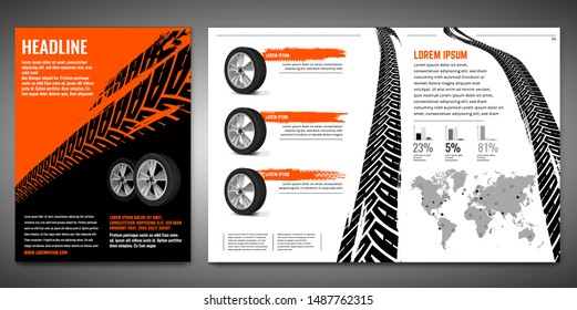 Vector automotive banners template. Grunge tire tracks backgrounds for portrait poster, digital banner, flyer, booklet, brochure and web design. Editable graphic image in black, orange, white colors