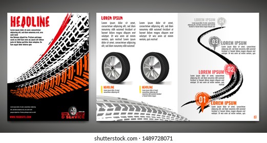 Vector automotive banners template. Grunge tire tracks backgrounds for portrait poster, digital banner, flyer, booklet, brochure and web design. Editable graphic image in black, orange, white colors