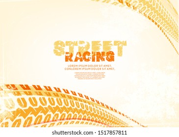 Vector automotive banners template. Grunge tire tracks backgrounds for landscape poster, digital banner, flyer, booklet, brochure and web design. Editable graphic image in yellow, orange, white colors