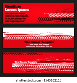 Plantilla de Anuncios automotrices de Vector. Fondos de Pistas de neumáticos Grunge para póster de paisaje, Anuncio digital, folleto, folleto, folleto y Diseño web. Imagen gráfica editable en colores rojo, negro