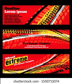 Vector automotive banners template. Grunge tire tracks backgrounds for landscape poster, digital banner, flyer, booklet, brochure and web design. Editable graphic image in red, orange, yellow colors