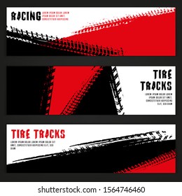 Vector automotive banners template. Grunge tire tracks backgrounds for landscape poster, digital banner, flyer, booklet, brochure and web design. Editable graphic image in black, red, white colors