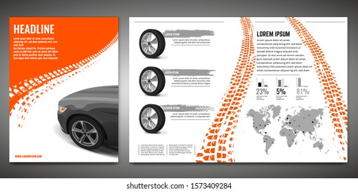 Vector automotive banners template. Grunge tire tracks backgrounds for portrait poster, digital banner, flyer, booklet, brochure and web design. Editable graphic image in grey, orange, white colors
