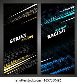 Vector automotive banners template. Grunge tire tracks backgrounds for vertical poster, digital banner, flyer, booklet, brochure and web design. Editable graphic image in black, yellow, blue colors